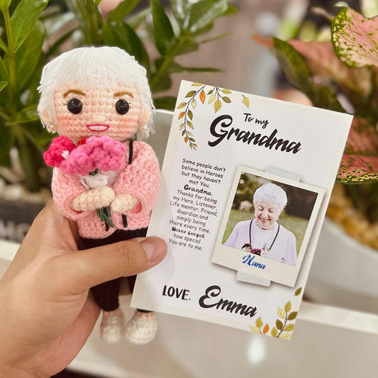 Personalized Crochet Doll with Photo Card "To My Grandma You Are My Hero"